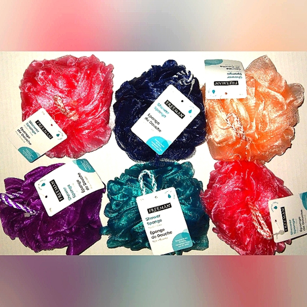☆BUNDLE LOT☆Set 6 Large Plush exfoliating Multicolored FREEMAN Bath Sponges/Poof